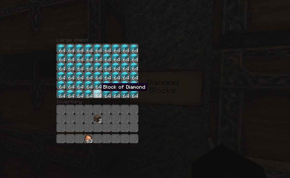 A player's inventory with a large chest and blocks of diamond.