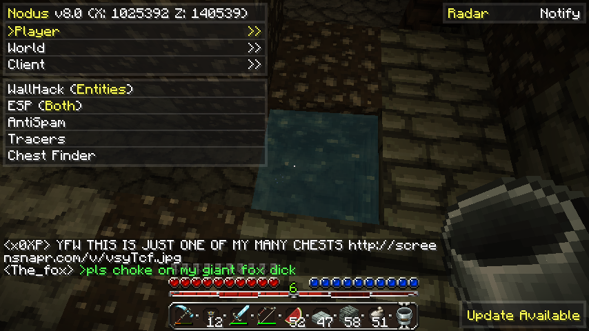 A player is standing in front of a large, dark blue block, with a chat window open displaying various messages.