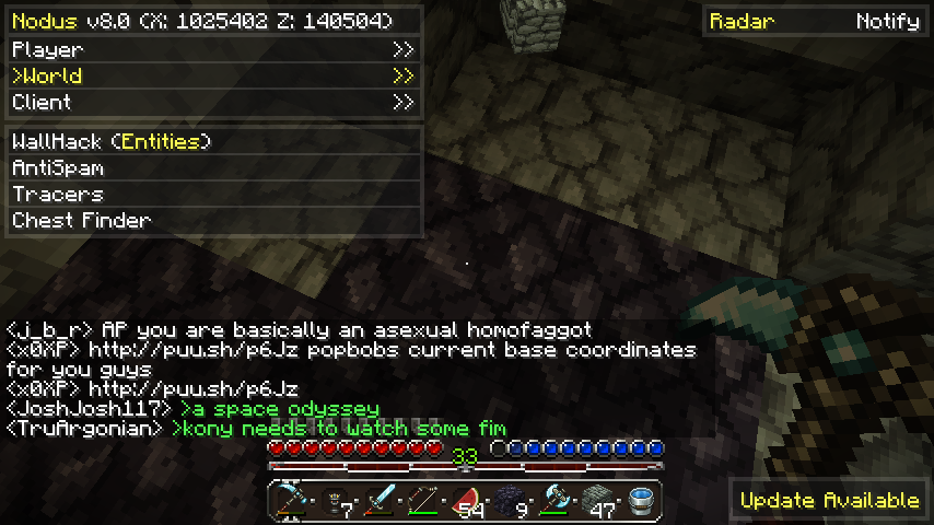 A player is in a cave with a chest finder and tracers, with chat messages visible.