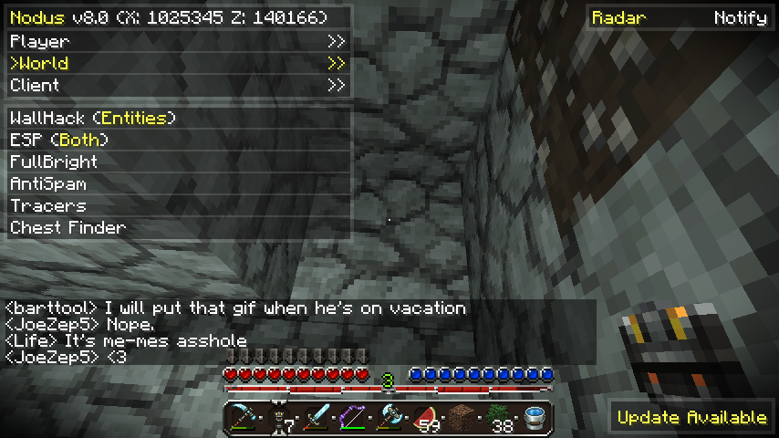 A player is in a cave with a chat window open, displaying messages from other players.