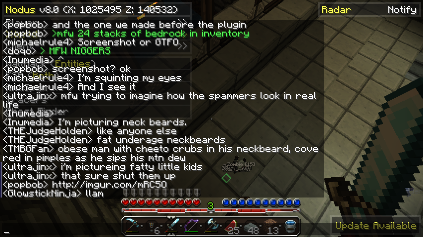 A player is in a cave, looking at a wall with a grid pattern. The player's chat window is open, showing a conversation about bedrock and inventory.