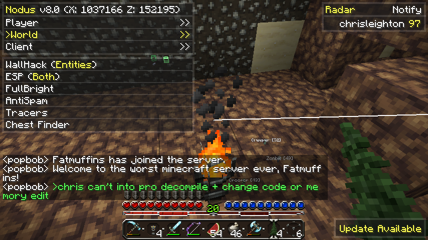 A player is standing in a cave with a fire burning, surrounded by various items and blocks. The chat window displays messages from other players.