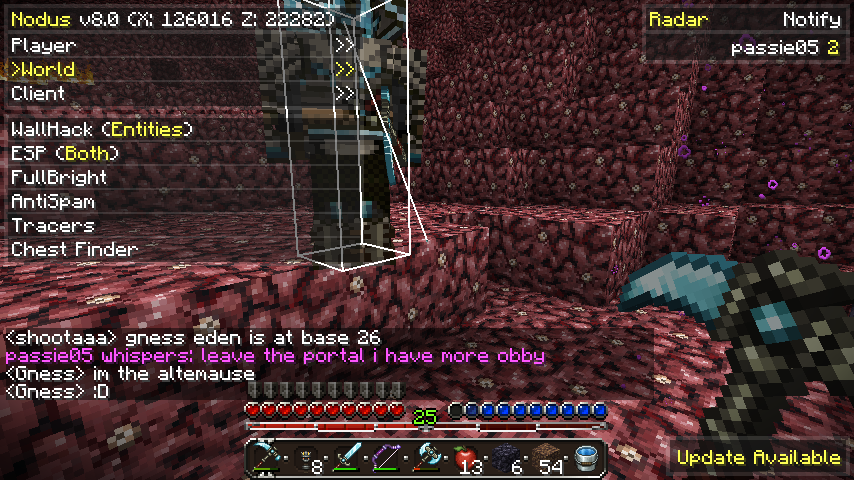 A player is standing in a red cave with a large amount of chat messages.