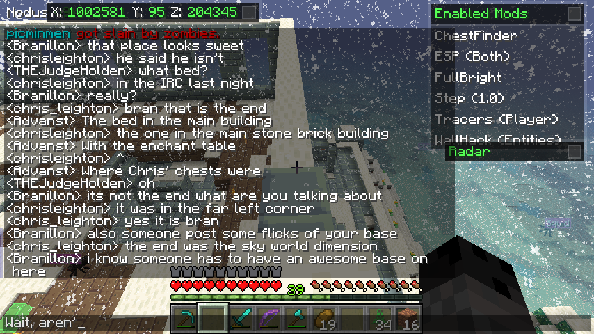 A screenshot of a Minecraft server with a chat window open, displaying various messages from players.