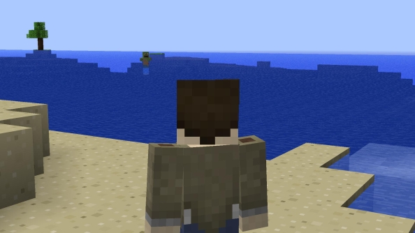 A player standing on a beach, with a body of water in the background.