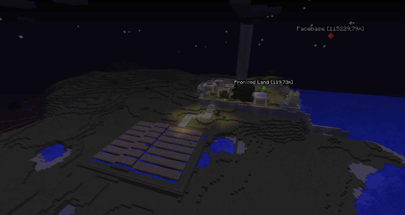 A large base with a grid of blue blocks and a sign that says 'Frontier Land' in the middle of a dark landscape.