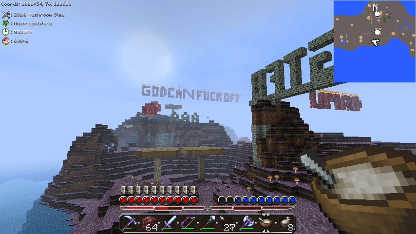 A large structure with the words 'FATE' and 'GODCANFUCKOFF' written on it, with a player's inventory visible at the bottom.