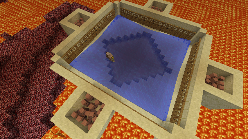 A large square structure with a blue center and a small pool of water in the middle, surrounded by a red and orange patterned floor.