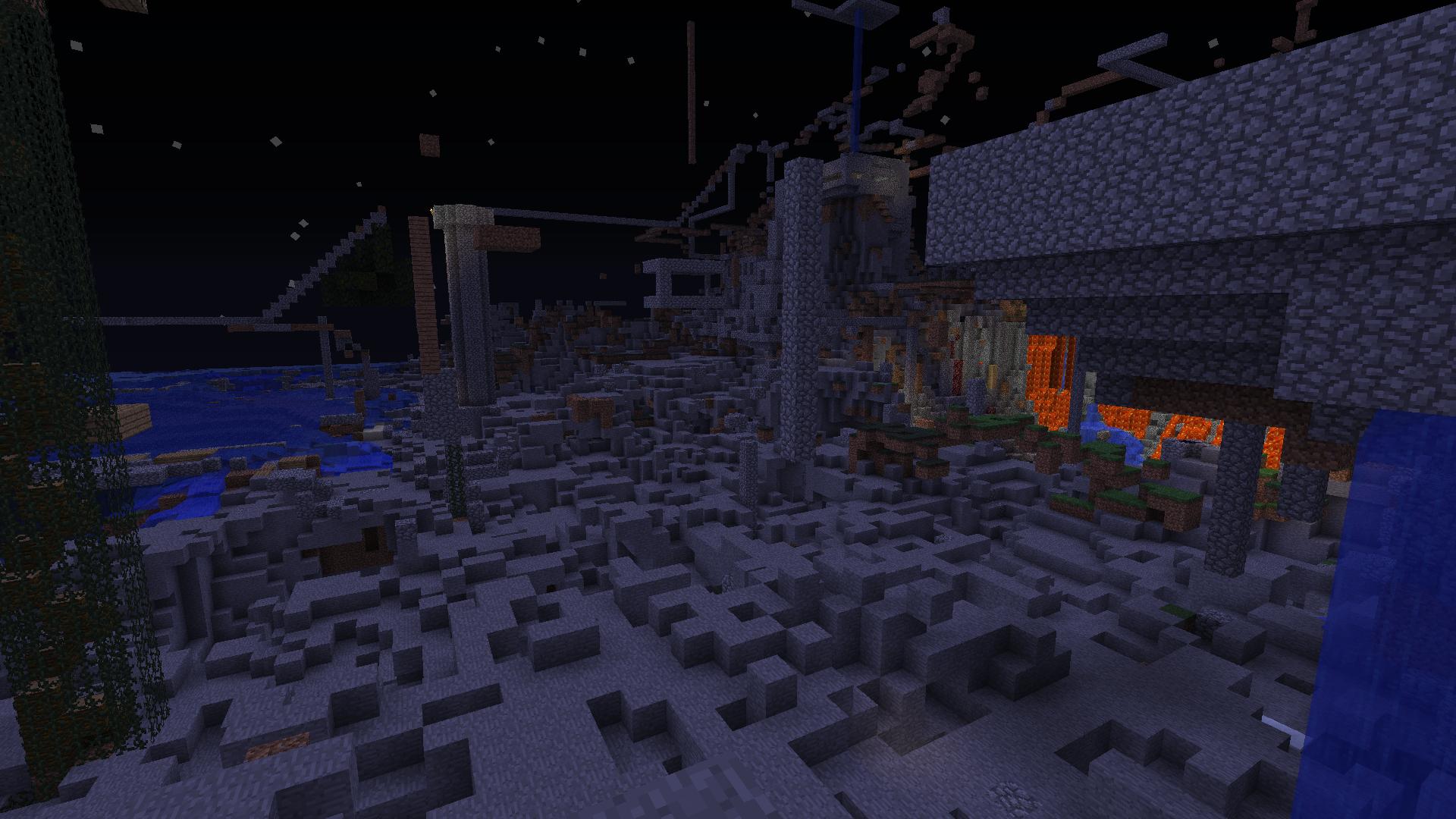 A large, intricate base with a stone exterior and a lit interior, surrounded by a dark and snowy landscape.