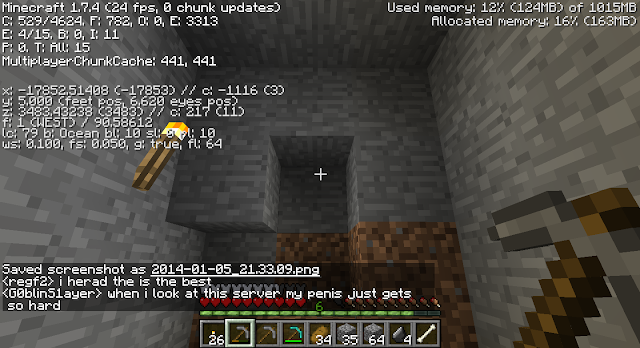 A screenshot of a Minecraft server with a chat message and player information displayed.