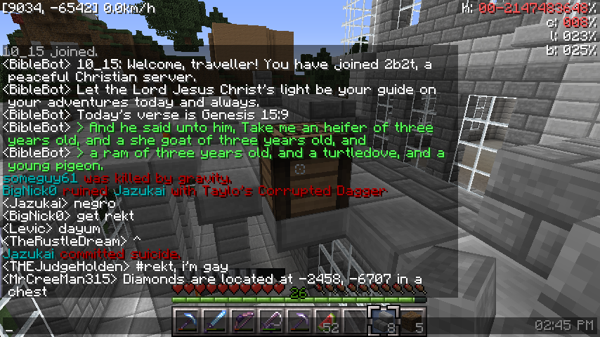 A screenshot of a Minecraft server with a large amount of chat messages and a player's inventory at the bottom.