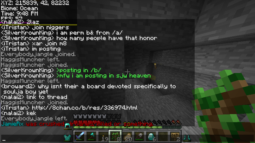 A screenshot of a Minecraft server with a large amount of chat messages and a few players visible.