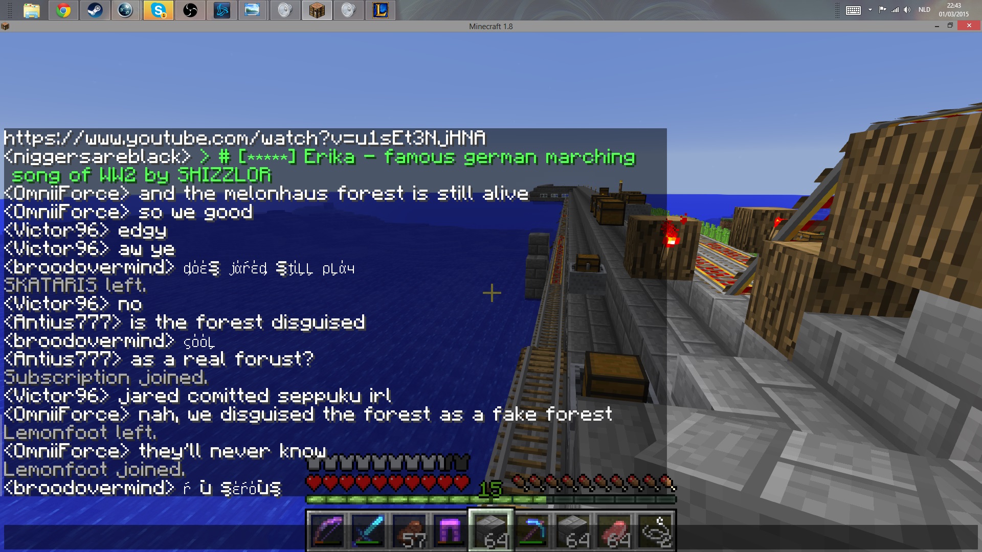 A screenshot of a Minecraft server with a chat window open, displaying various messages from players.