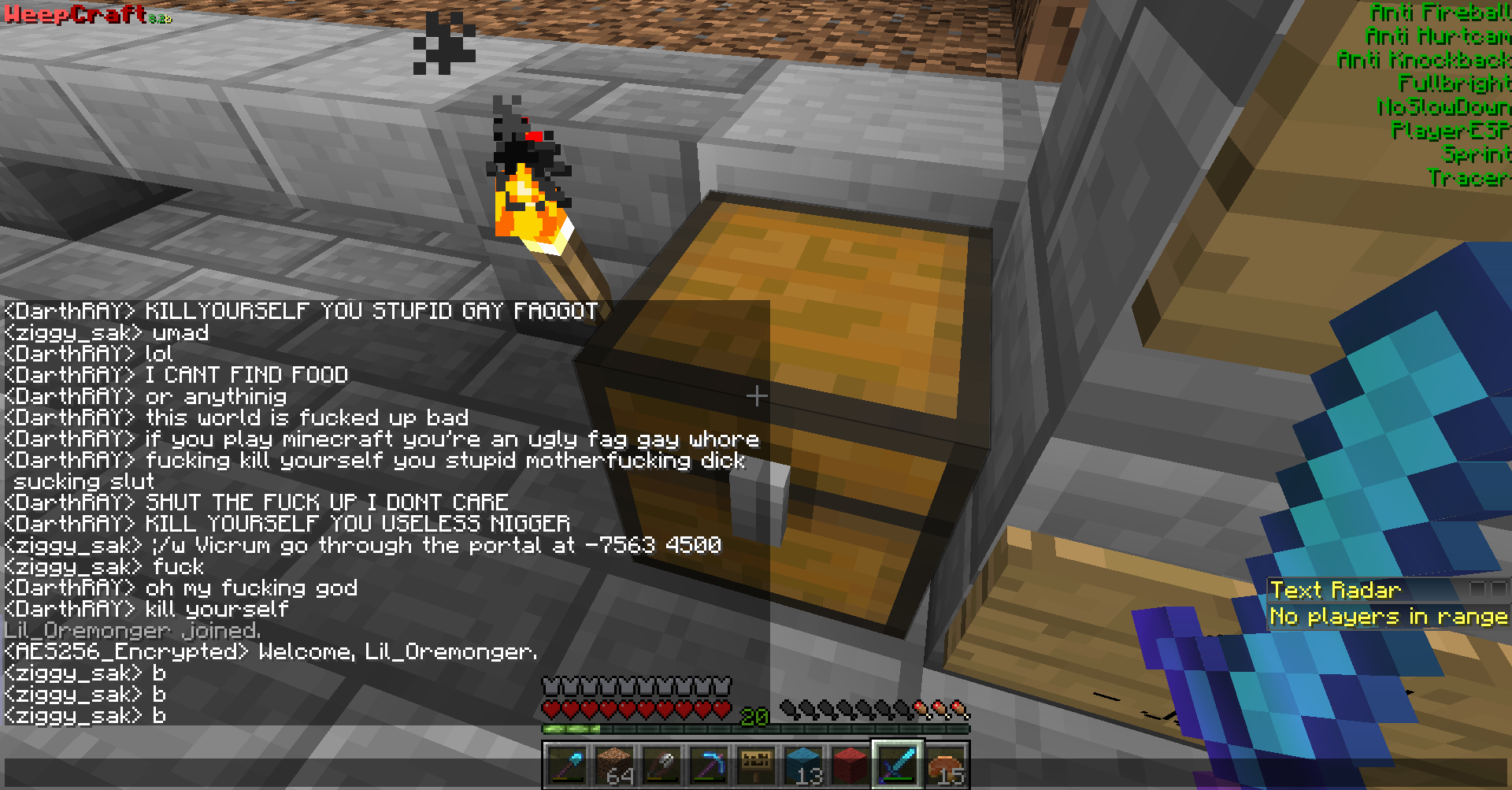 A player is standing next to a chest, with a large amount of chat messages on the screen.