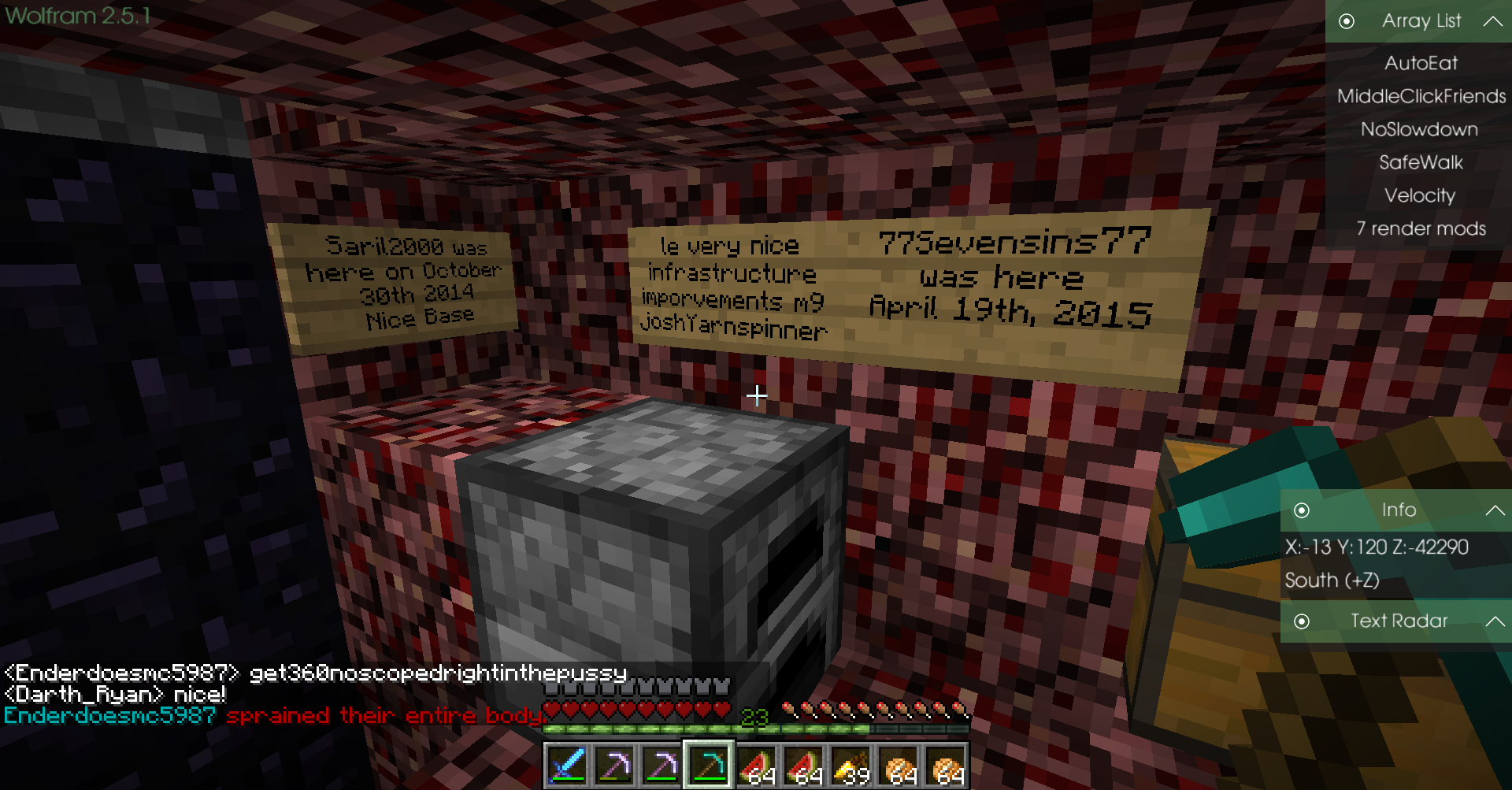 A screenshot of a Minecraft server with a player's inventory and chat messages.