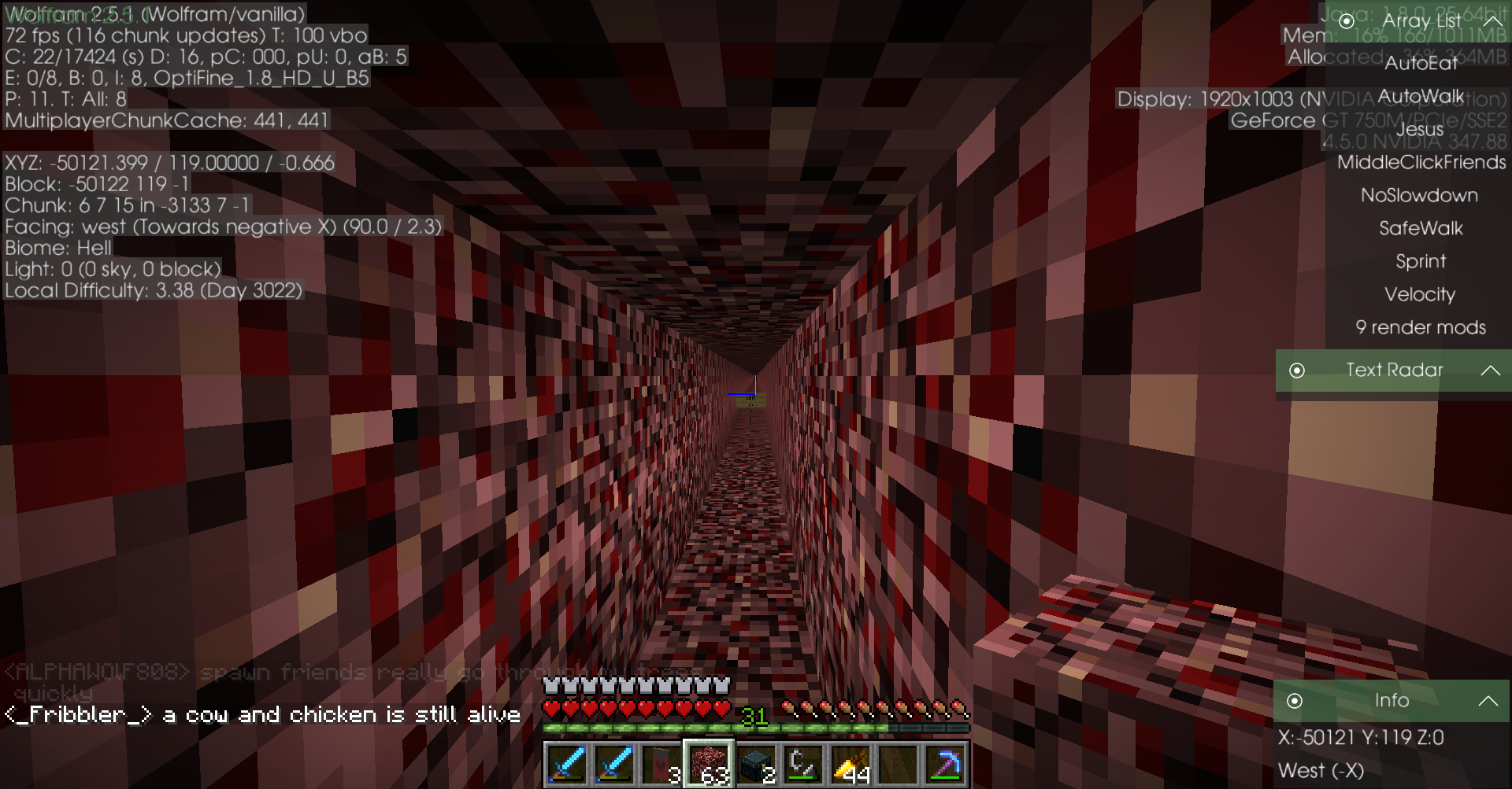 A long, narrow tunnel with red and black pixelated walls, featuring a player's inventory at the bottom.