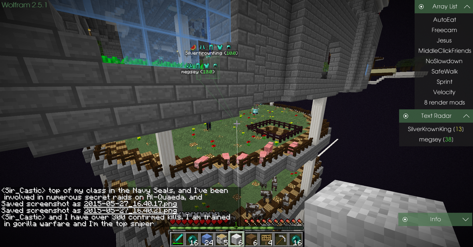 A screenshot of a Minecraft server with a large structure and a chat window open, showing various messages from players.
