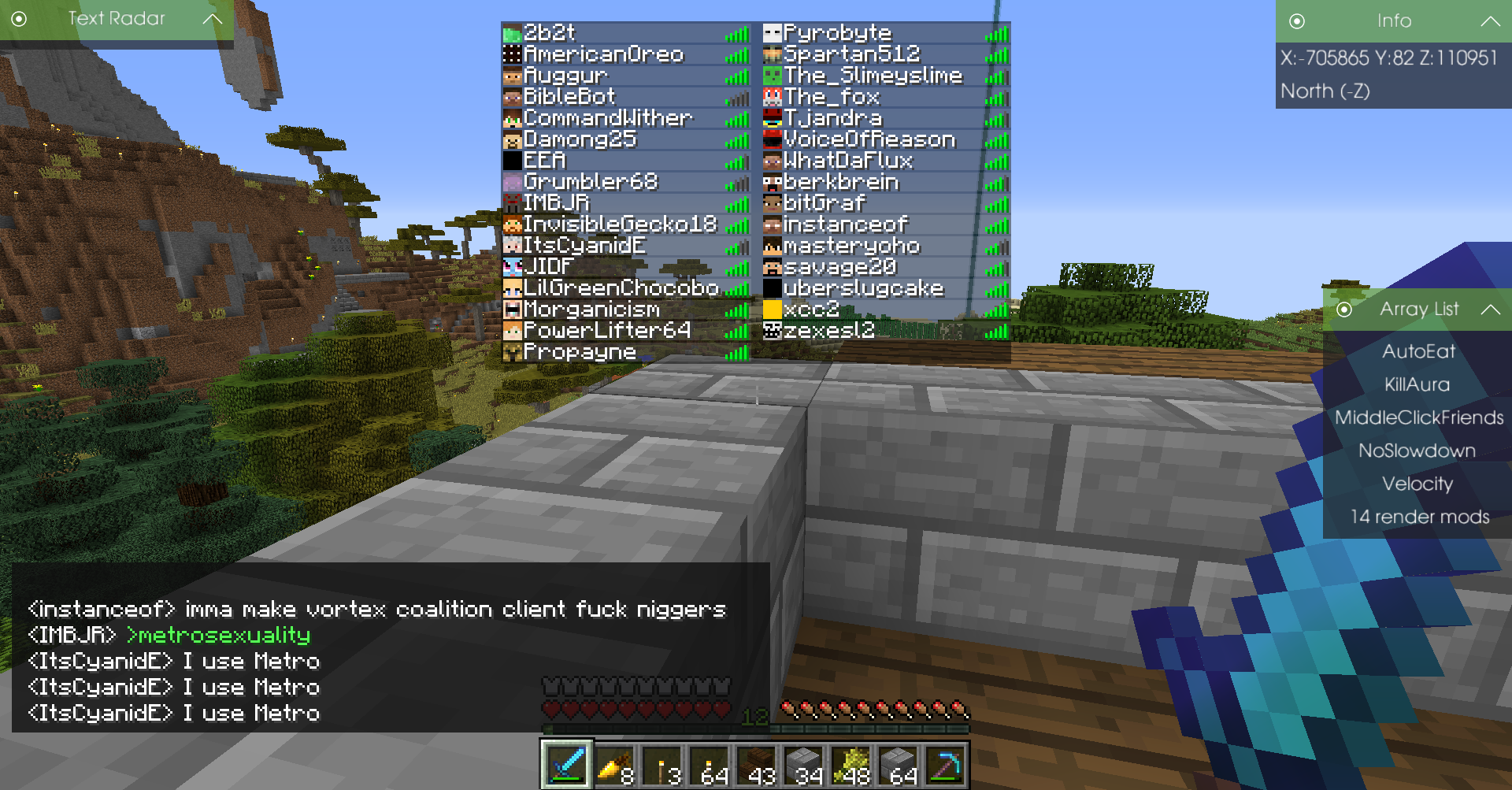 A player is standing on a stone platform, with a list of players in the top left corner and chat messages at the bottom.