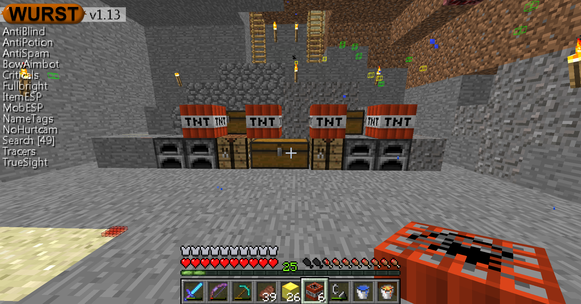 A large underground base with a wall of TNT and a redstone contraption.