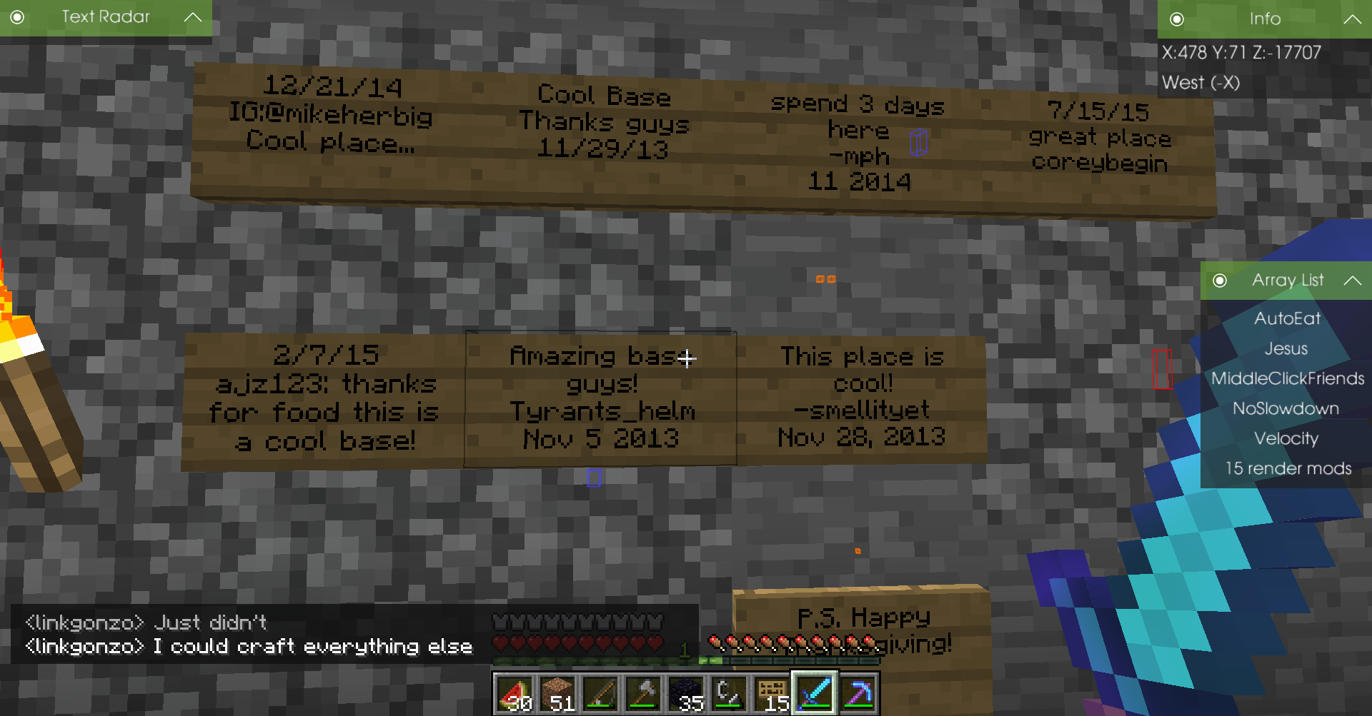 A screenshot of a Minecraft server with various signs and chat messages.