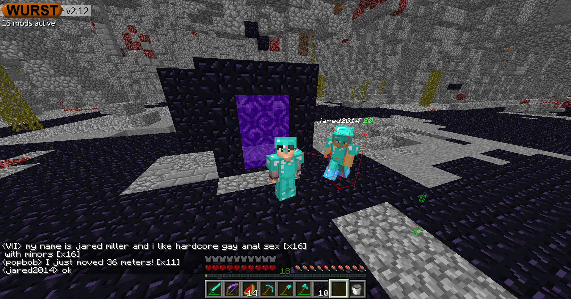 Three players standing in front of a purple portal, with chat messages visible at the bottom of the screen.