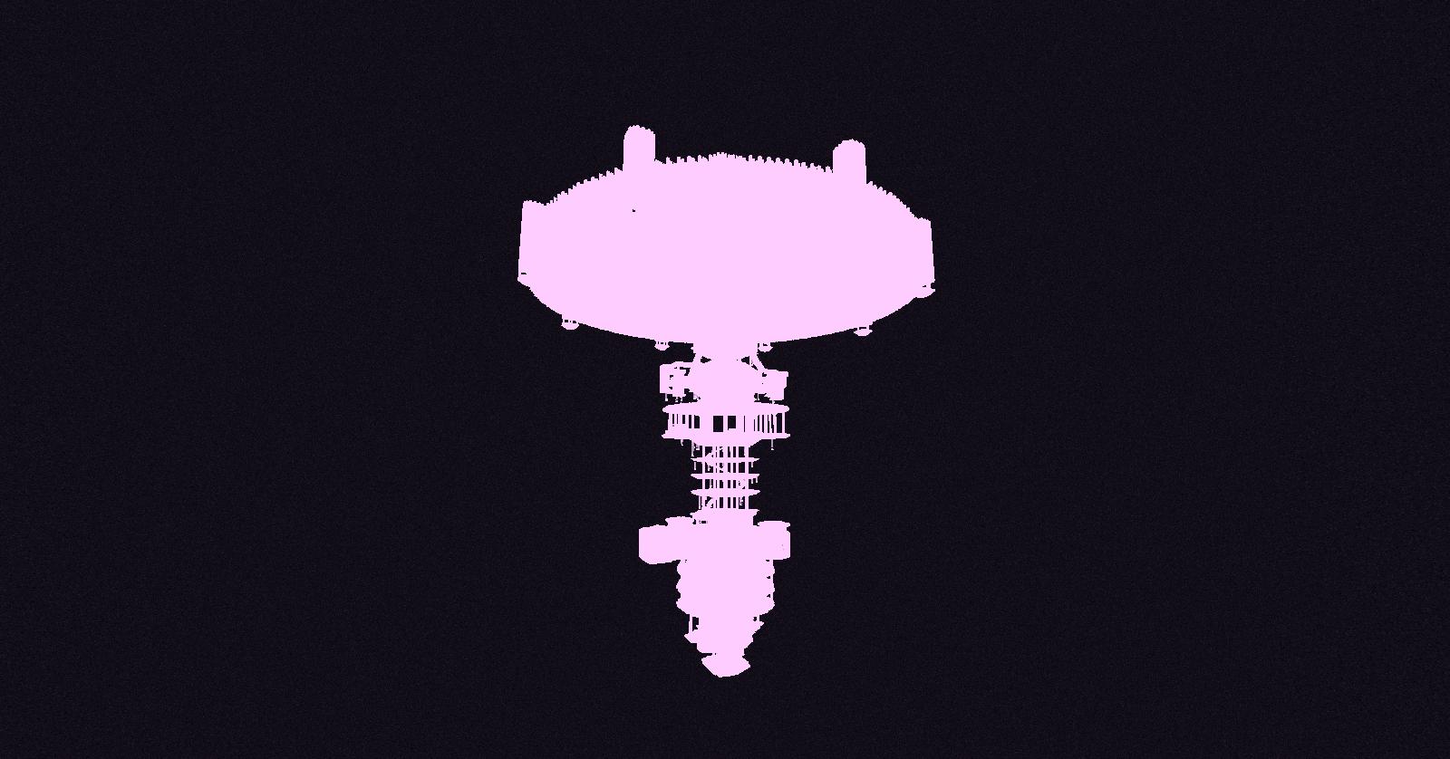 A pink silhouette of a flying machine against a black background.