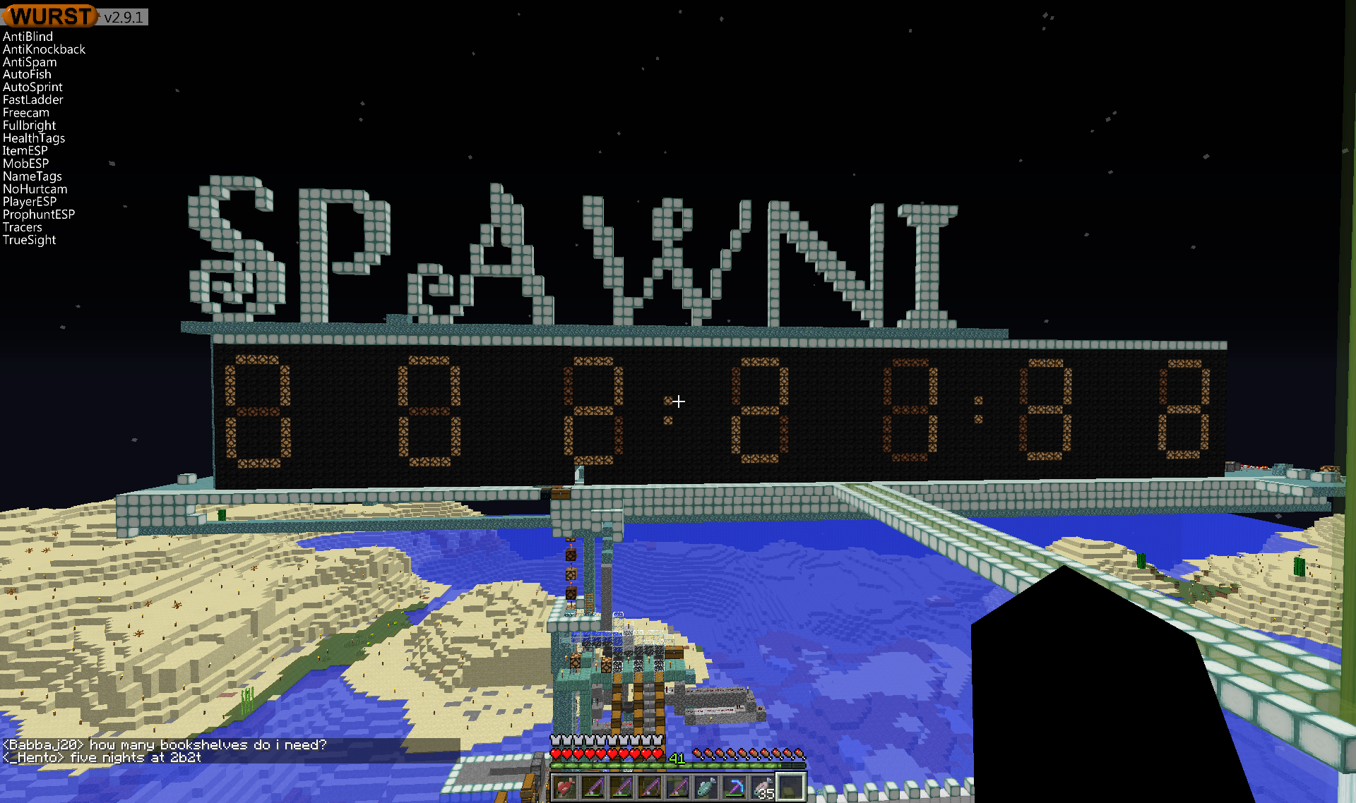 A large sign with the text 'SPAWNI' and a countdown timer, with a bridge and water below.