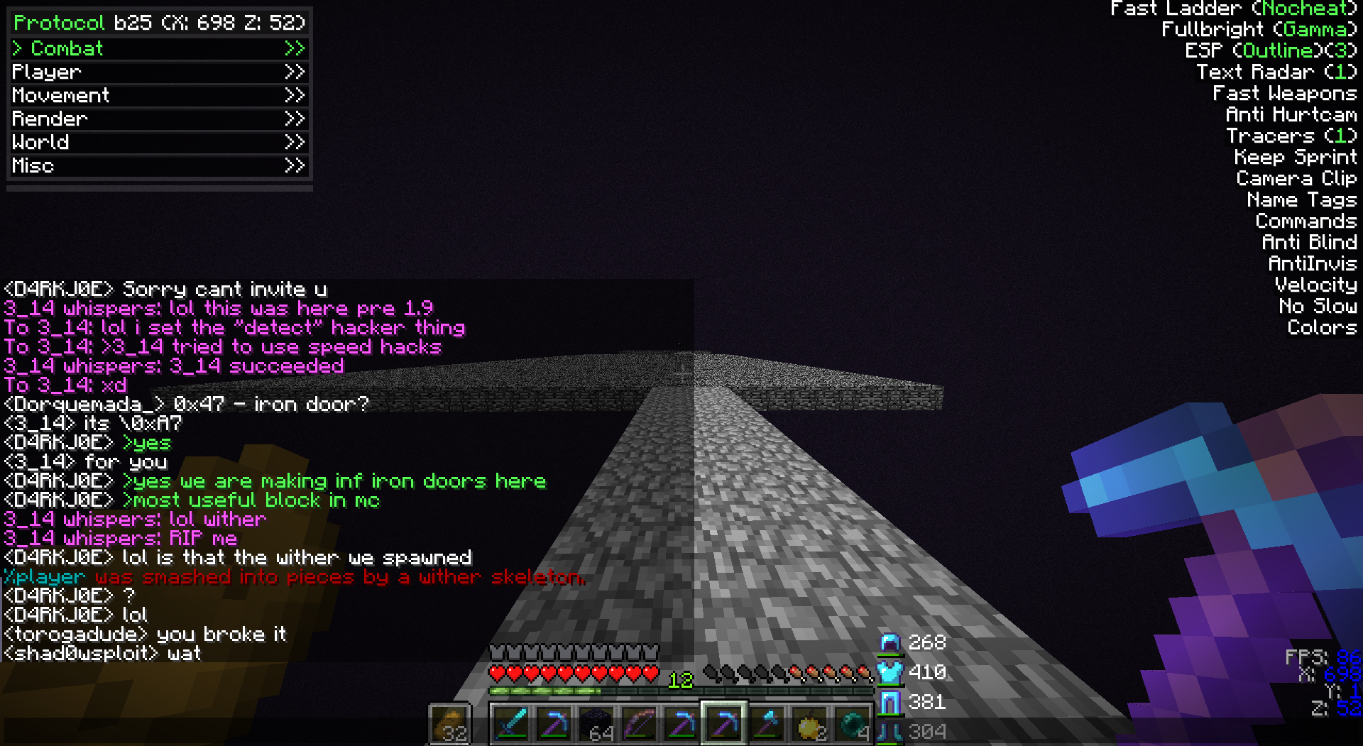 A player is in a dark cave with a large pyramid structure, and there is a lot of chat going on.