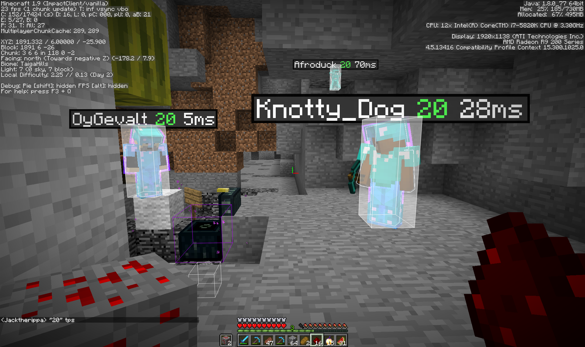 A screenshot of a Minecraft server with multiple players and chat messages.