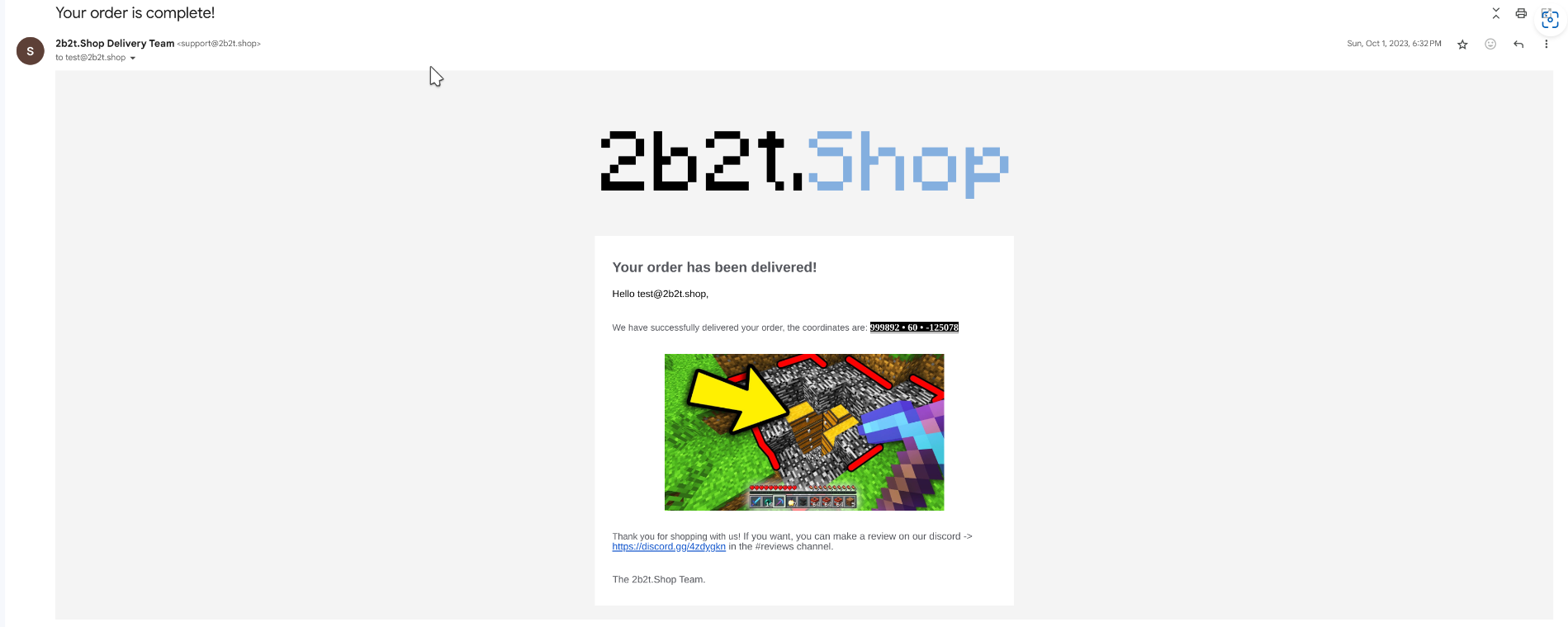 2b2t shop order delivered message